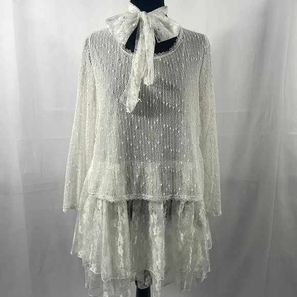 Simply Couture, Baby doll, layered Dress,Lace, with bow tie scarf, White, Medium - Picture 10 of 10